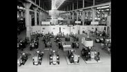 Zahlreiche Traktoren in einer Messehalle zur Ausstellung (1964)  