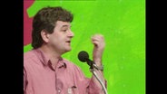 Joschka Fischer spricht auf einem Parteitag der Grünen vor sehr grünem Hintergrund (Archivbild)  