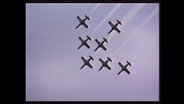 Sechs Flugzeuge fliegen in einer Formation.  