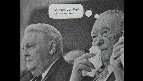 Adenauer und Erhard im Porträt, über Adenauer die Denkblase "Ich kann den Kerl nicht riechen"  