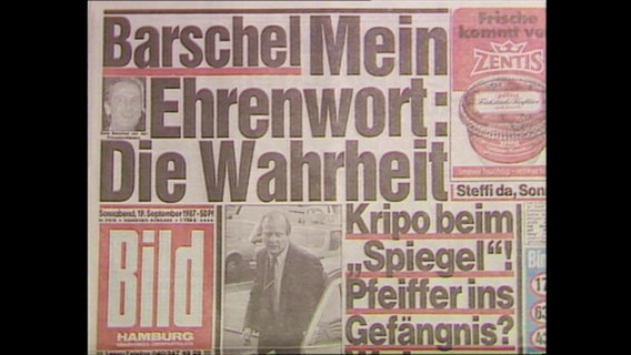 Bild-Artikel mit der Schlagzeile "Barschel, Mein Ehrenwort: Die Wahrheit. Kripo beim Spiegel. Pfeiffer ins Gefängnis?" (Archivbild).  