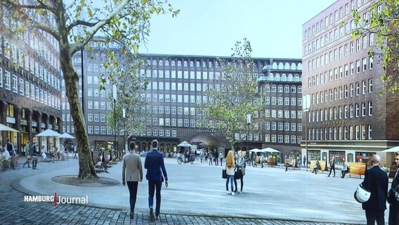 Blick auf eine Konzeptzeichnung des Burchardplatzes im Kontorhausviertel von Hamburg. Zu sehen ist ein begrünter Platz über den Menschen gehen.  