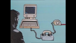 Zeichnung eines Mannes, der vor einnem Computer und Telefon sitzt (Archivbild).  