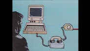 Zeichnung eines Mannes, der vor einnem Computer und Telefon sitzt (Archivbild).  