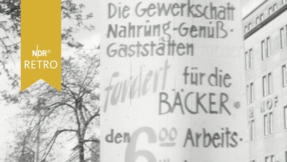 Protestplakat der Gewerkschaft NGG für späteren Arbeitsbeginn im Bäckergewerbe (1964)  