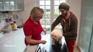 Szene in der Tierarztpraxis: Ein Mann setzt seinen kleinen weißen Hund auf den Behandlungstisch. Auf der linken Seite des Tisches, dem Herrchen gegenüber, steht die Tierärztin.  