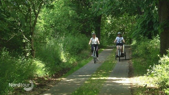 Zwei Frauen fahren auf E-Bikes durch einen Wald.  