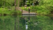 Eine Frau steht auf einem Steg an der Ruhmequelle.  