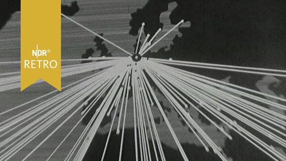 Karte von Europa und Nordafrika mit weißen Linien, die von Hamburg an zahlreiche Orte abgehen (1964)  