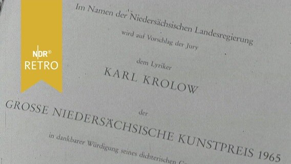 Urkunde des niedersächsischen Kunstpreises für den Dichter Karl Krolow 1965  