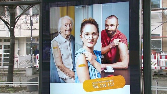 Blick auf eine Werbetafel für das Impfen. Zu sehen sind auf einem dreiteiligen Bild drei Menschen, die jeweils einen Oberarm mit einem Pflaster darauf in die Kamera halten.  