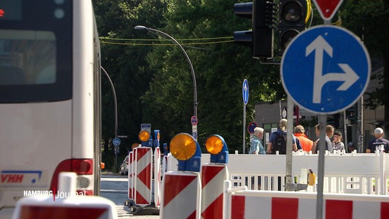 Blick auf die Absperrungen einer Baustelle auf der Max-Brauer-Allee.  