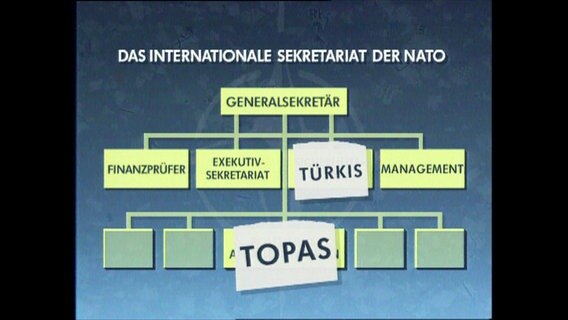 Schaubild des internationalen Sekretariats der NATO. Über einer Ebene steht der Sticker "Topas"  