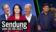 Christian Ehring, daneben die Kanzlerkandidaten Laschet, Baerbock und Scholz.  