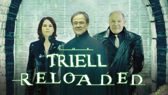 Die Kanzlerkandidat*innen Armin Laschet, Olaf Scholz und Annalena Baerbock im Matrix-Look. Triell Reloaded.  