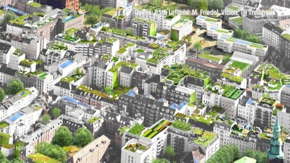 Eine Planungsansicht von Hamburg mit vielen begrünten Dächern.  