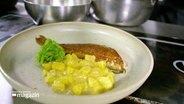 Fried perch with potato salad placed on a plate.  