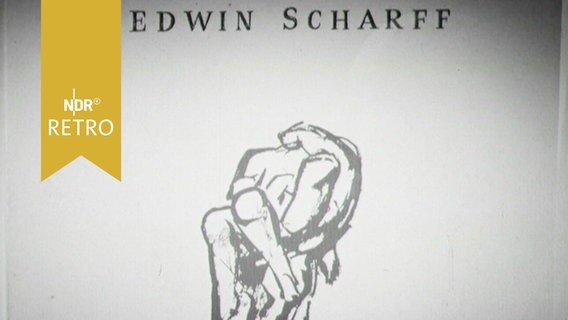 Zeichnung eines Mannes, der einen Verletzten oder Toten in den Armen hält, unter der Schrift "Edwin Scharff", des Künstlers (1963)  