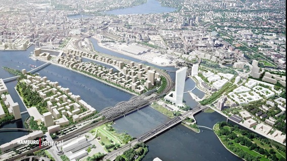 Eine Konzeptzeichnung zeigt aus der Vogelperspektive Teile der Hafen City und der Veddel und andere angrenzende Stadtteile rund um die Elbe. Zu sehen sind die Elbbrücken, die die Stadtteile miteinander verbinden und der zu bauende Elbtower.  