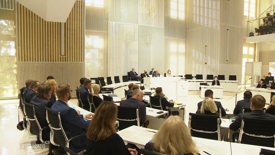 Mitglieder des Schweriner Landtages sitzen im Plenarsaal.  