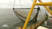 Ein Fangnetz an einem Schiff.  