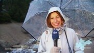 Michaela Koschek, Diplom-Meoteorolgin, im Regen an einem Bach im Harz.  