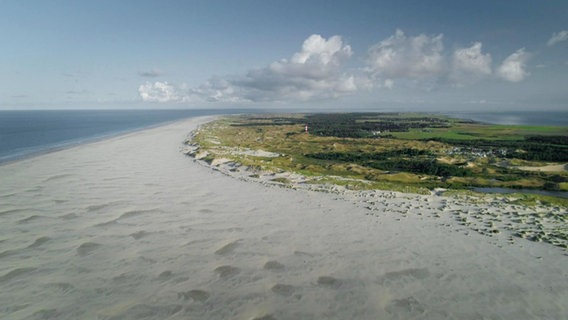 Eine nordfriesische Insel aus der Vogelperspektive, im Bildvordergrund ein breiter Sandstrand.  
