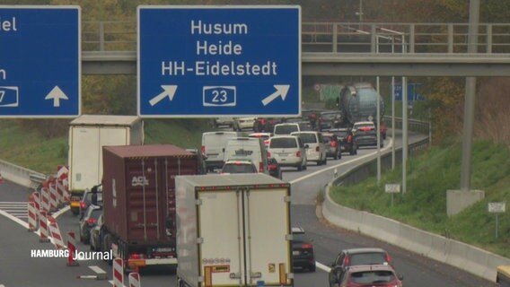 Ein Stau auf der A7, ein Autobahnschild schilder Husum, Heide und HH-Eidelstedt aus.  