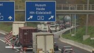 Ein Stau auf der A7, ein Autobahnschild schilder Husum, Heide und HH-Eidelstedt aus.  