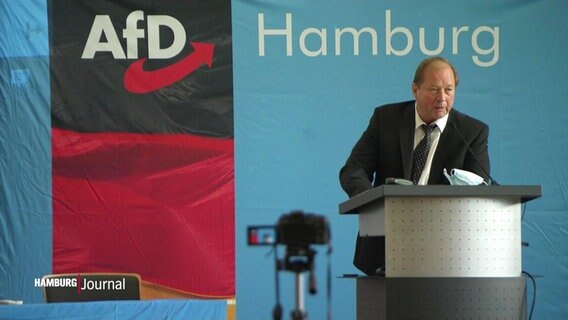 Dirk Nockemann am Rednerpult, hinter ihm ein Banner der AfD Hamburg.  