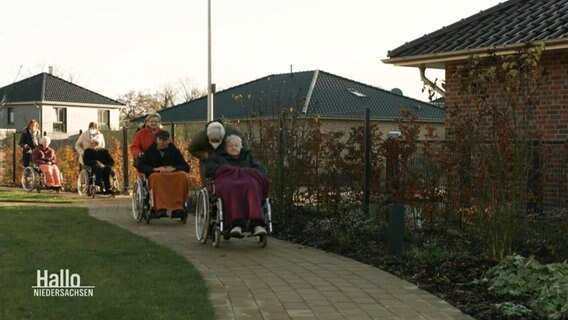 Mehrere Senioren werden entlang eines Weges in Rollstühlen geschoben.  