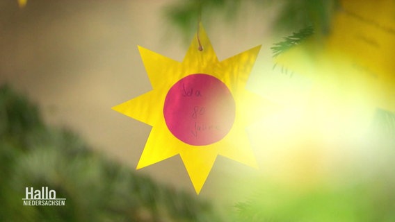 Ein Stern aus Papier hängt ein einem Weihnachtsbaum.  