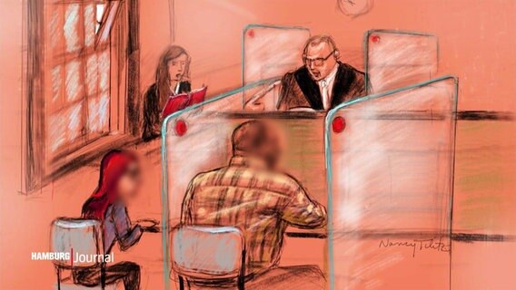 Eine gezeichnete Szene in einem Gerichtssaal.  