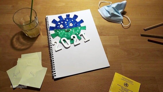 Ein Ringblock mit einem gebasteltem Coronavirusmännchen, einer Maske, Stiften und der Jahreszahl 2021. © Screenshot 