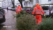 Mitarbeiter der Stadtreinigung ziehen Weihnachtsbäume über eine Straße. © Screenshot 