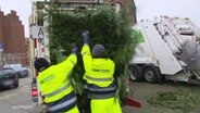 Zwei Mitarbeiter der Müllabfuhr hieven einen großen Tannenbaum in den Müllwagen. © Screenshot 