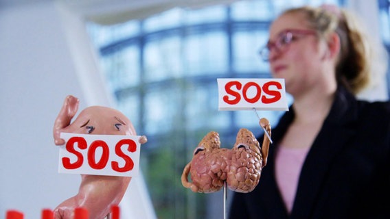 Eine Plastikfigur als Magen und eine Plastikfigur als Schilddrüse halten jeweils ein SOS-Schild hoch. © Screenshot 