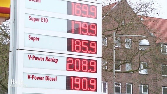 Eine digitale Anzeige zeigt die Spritpreise eine Tankstelle an. © Screenshot 
