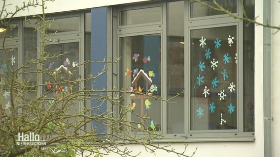 Die dekorierten Fenster einer Kindertagesstätte. © Screenshot 