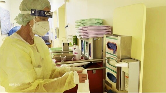 Eine Krankenpflegerin in Schutzkleidung auf einer Corona-Isolierstation. © Screenshot 