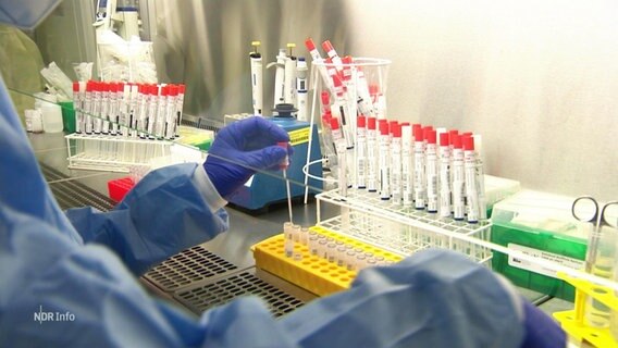 Eine Person in Schutzkleidung in einem Labor macht PCR-Tests. © Screenshot 