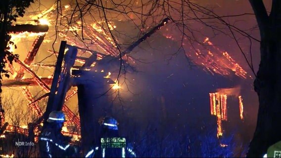 Ein Gebäude brennt. Im Vordergrund stehen zwei Feuerwehrmänner. © Screenshot 