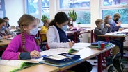 Schülerinnen mit Maske in einem Klassenraum. © Screenshot 