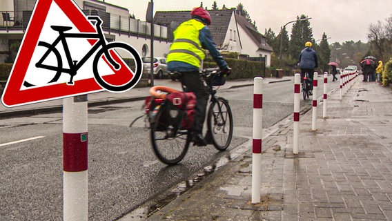 Fahrradfahrer auf der Straße, daneben Poller auf einem Radweg. © Screenshot 