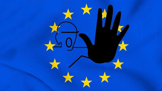 Europäische Fahne mit einer Verboten-Geste.  