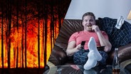 Ein brennender Wald, daneben ein Chips essender Mann auf dem Sofa.  