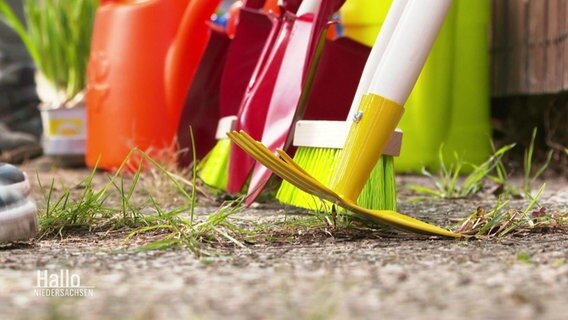 Nahaufnahme aus der Froschperspektive: Mehrere Gartengeräte in bunten Farben stehen angelehnt auf dem Boden. © Screenshot 