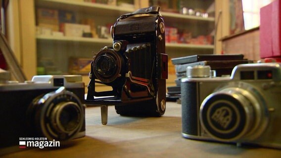 Mehrere historische Fotoaparate aus verschiedenen Epochen stehen auf einem Tisch. © Screenshot 