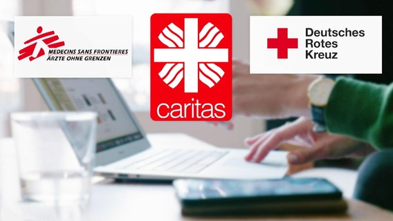 Logos des deutschen roten Kreuzes, Ärzte ohne Grenzen und der Caritas, im Hintergrund eine Person vor einem aufgeklapptem Laptop. © Screenshot 