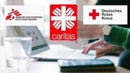 Logos des deutschen roten Kreuzes, Ärzte ohne Grenzen und der Caritas, im Hintergrund eine Person vor einem aufgeklapptem Laptop. © Screenshot 